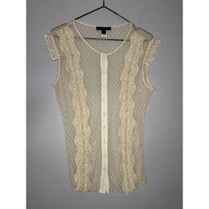 Vintage Express Size L Y2K Lace Mesh Button Blouse Beige Festival Boho Coachella